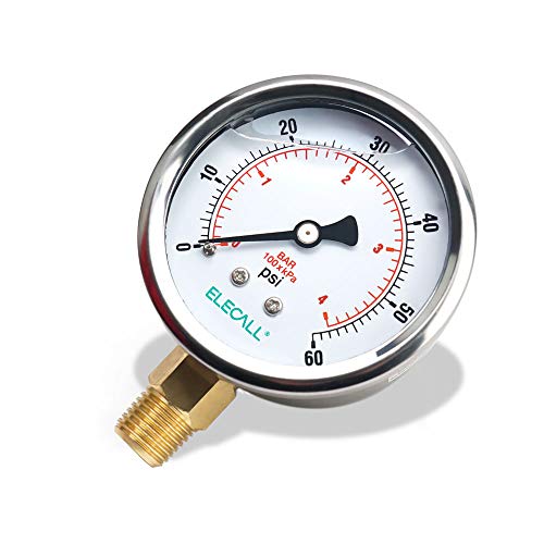 2-1/2" Glycerin Liquid Filled Air Pressure Gauge, 0-60Psi, 1/4”NPT Lower Mount, Stainless Steel Case, Brass Internals, Water Pressure Gauge