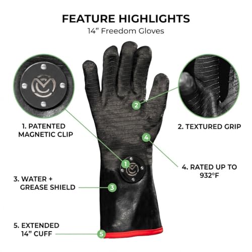 Freedom BBQ Gloves 932°F Heat Rated Magnetic EZ On Off Safety Clips Waterproof for Grills Smokers Fryers Ovens