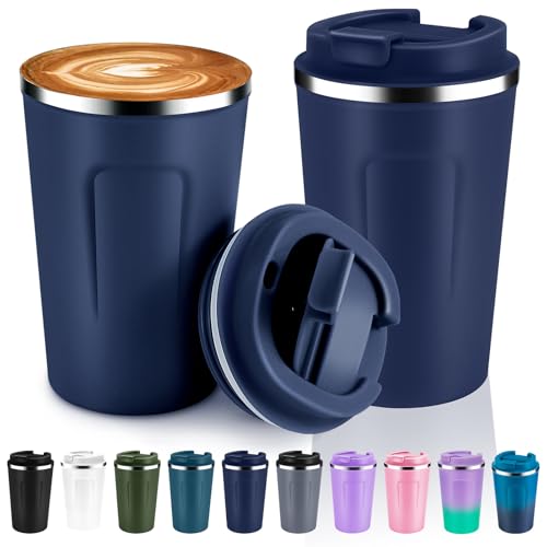 12 oz Double Wall Insulated Vacuum Travel Coffee Mugs with Flip Lid Bulk 2 Pack (2 Count)