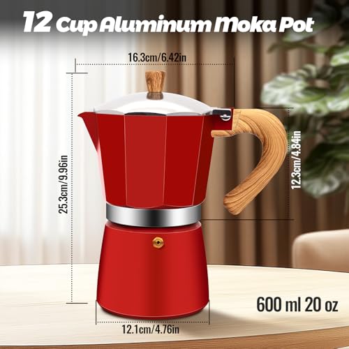 12 Cup Aluminum Moka Pot Classic Stovetop Espresso Coffee Maker 600ml 20oz Coffeemaker Percolator Mocha Pot Greca Coffee Maker Cafe Makers for Italian and Cuban Café Brewing Red