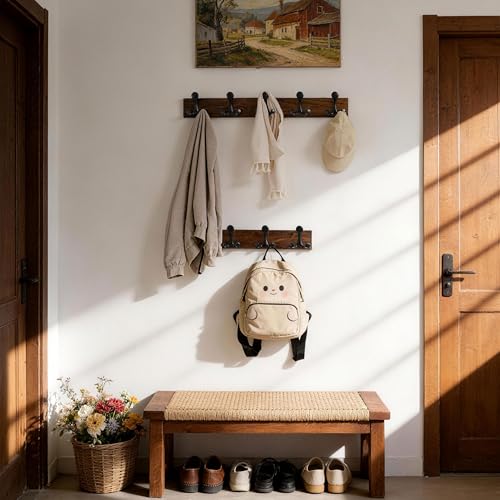 24 Inch Walnut Wood Coat Rack Wall Mount with 5 Triple Hooks