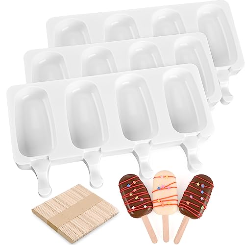 3 Pack 4 Cavity Popsicle Silicone Molds with 100 Pcs Wooden Sticks (3 Count)