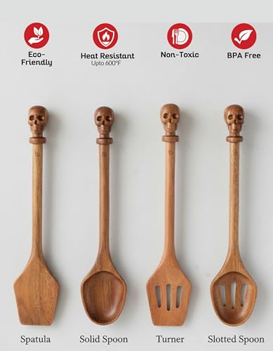 Acacia Wood Cooking Utensil Set with Skull Handles (4 Count)