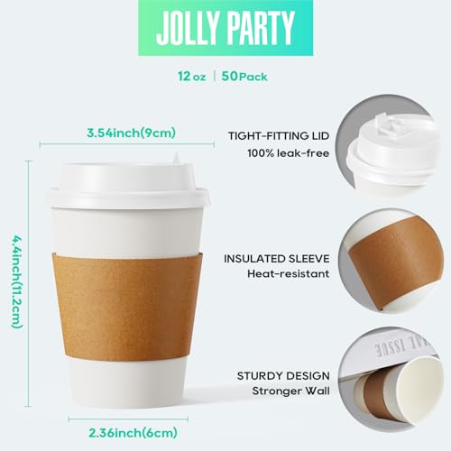 50 Pack 12 oz Disposable Paper Coffee Cups with Lids & Sleeves (50 Count)