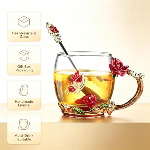 Tea Cup Gifts for Mom Women Mothers Day Glass Coffee Enamels Mug Birthday Butterfly Rose Valentines Day Christmas Tea Cup with Spoon