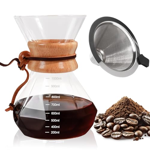 Pour Over Coffee Maker 1000ml with 304 Stainless Steel Filter Wooden Collar Holder Borosilicate Glass Drip Coffeemaker Server Set Clear Hand Brew Dripper Carafe for Home Camping Travel 33.8oz