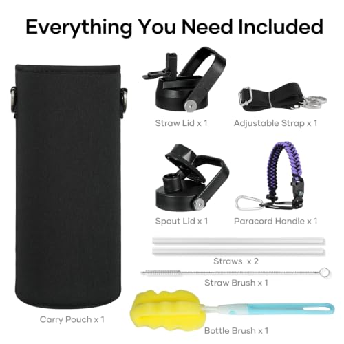 40 oz Insulated Water Bottle with Paracord Handle & Straw Spout Lids