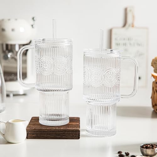 24 oz Ribbed & Floral Glass Tumblers with Handle