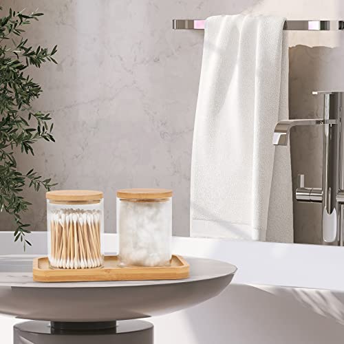 Glass Qtip Holder Dispenser with Bamboo Vanity Tray (2 Count)