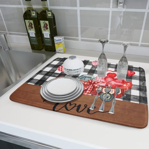 Valentine's Day Red Heart Truck Dish Drying Mat for Kitchen Counter