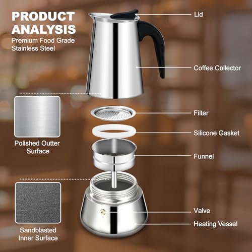 12 Cup Stovetop Espresso Maker Stainless Steel Moka Pot Stove Top Percolator Italian Coffee Makers Capable Mocha Greca Machine Cafe Classic Induction Cookers for Home and Camping 600ml 20oz (12 Count)