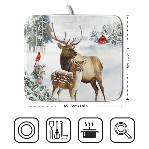 Winter Deer Dish Drying Mat 16"x18" Xmas Tree Bird Holly Berry Dish Drainer Mats Elk Moose Snow Cottage Farmhouse Reversible Small Dish Drying Pad Protector for Kitchen Countertop Decor