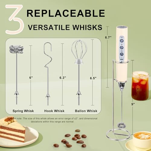 Beige Handheld Milk Frother Wand with Stand for Coffee