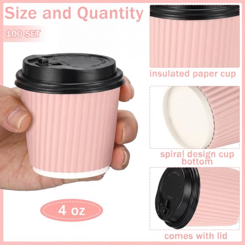 100 Set 4oz Disposable Espresso Cups with Lids Ripple Corrugated Paper Disposable Coffee Insulated Hot Ripple Cups for hot Chocolate (100 Count)