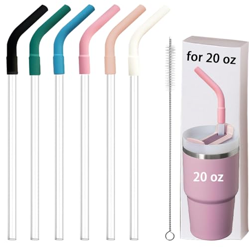 6 Pcs Reusable Silicone Straw Tips with Drinking Long Straws Compatible with Stanley 20 oz Cup Tumbler (12 Count)