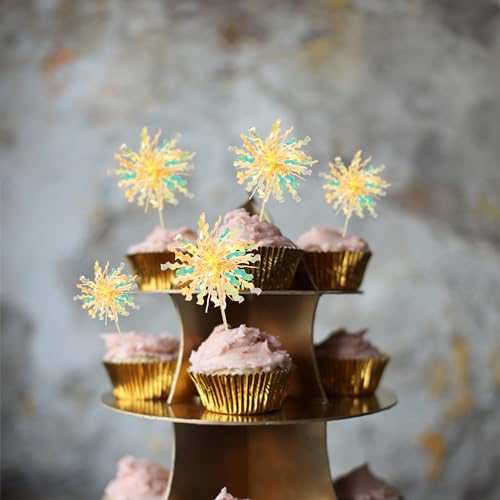 30Pcs Foil Firework Cupcake Toppers Happy Birthday Cake Toppers Tinsel Flower Drink Stirrers Cocktail Food Fruit Toothpicks for Valentine's Day Party Birthday Wedding Supplies Yellow (20 Count)