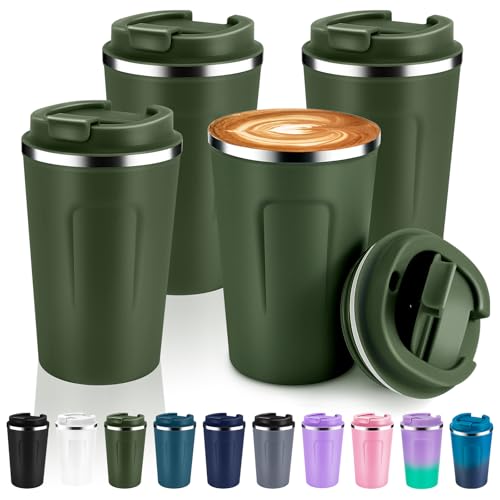 12 oz Double Wall Insulated Vacuum Travel Coffee Mug with Flip Lid Bulk 4 Pack (4 Count)