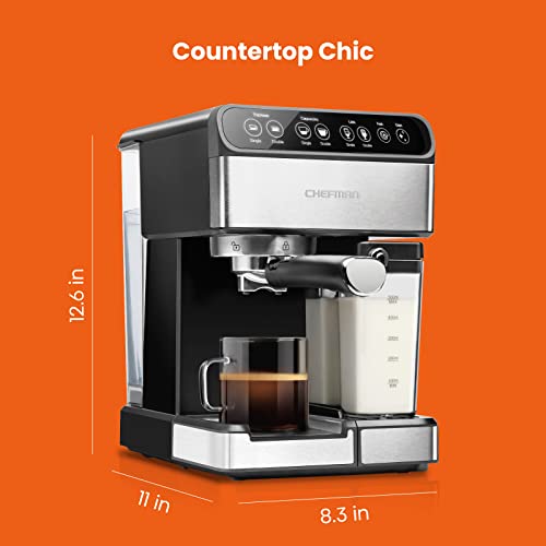 6-in-1 Espresso Machine with Built-In Milk Frother, 15-BAR Pump, Digital Display, One-Touch Single or Double Shot for Cappuccinos and Lattes, XL 1.8-L Water Reservoir, Stainless Steel