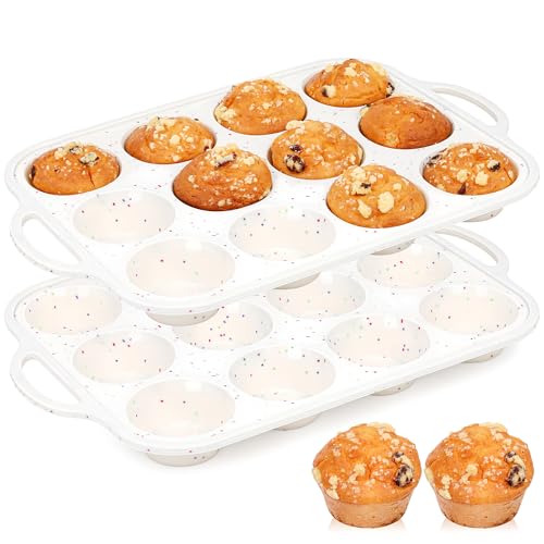 2 Pcs Silicone Muffin Pan with Metal Frame Nonstick 12 Cup Regular Size Cupcake Pan Silicone Muffin Tray for Baking Egg Bites Muffins Cupcakes Gifts for Mom Home Baker Kitchen