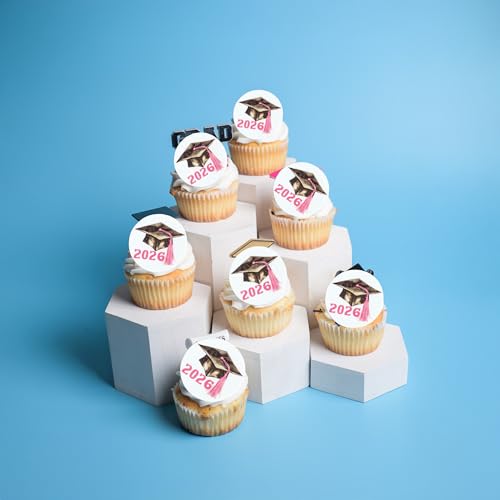 48Pcs Edible 2026 Graduation Cap Cupcake Toppers Wafer Paper Class of 2026 Grad Cap Cupcake Picks for 2026 Graduation Theme Party Cake Decorations Supplies Pink (48 Count)