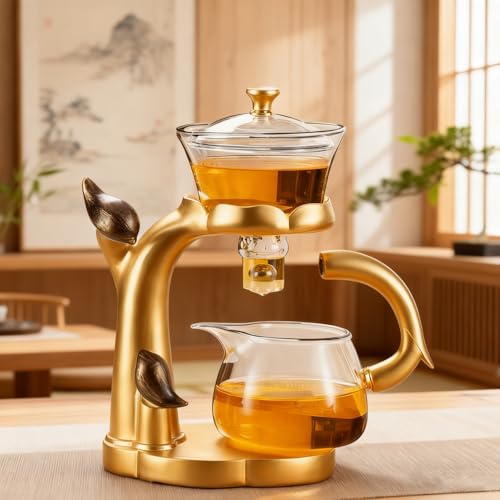 Lazy Kungfu Glass Tea Set Heat Resistant Semi Automatic Drip Rotating with Infuser Magnetic Teapot Set for Gongfu Tea Making Ideal