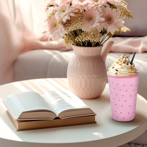 8 Pcs Pink Bow Iced Coffee Sleeve Reusable Neoprene Insulatord Cup Sleeve Coquette Bow Reusable Coffee Insulator Sleeves Holder for Cold Beverages Cups Cold and Hot Drinks