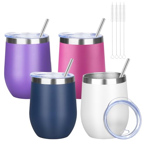 12oz 4 Pack Wine Tumbler Glasses with Lid Stemless Double Wall Vacuum Stainless Steel Travel Tumbler Keeping Cold & Hot for Wine