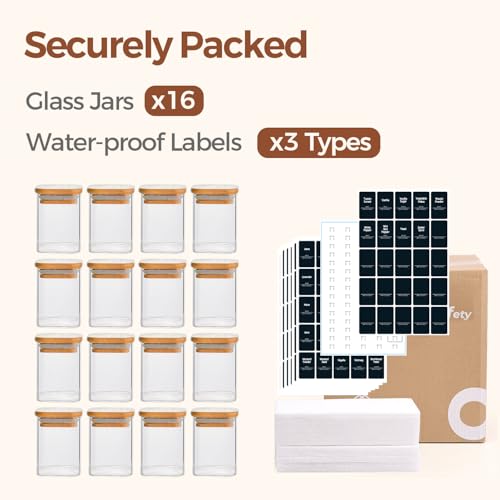 Square Glass Spice Jars with Labels 6 oz 16 Pack with Bamboo Lids (16 Count)
