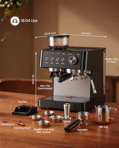 2026 Upgrade) Espresso Machine with Grinder, Expresso Coffee Machines with Built-in Anti-Clog Coffee Grinder/Milk Steam Wand/Frother, Expresso Machines for Home Perfect Cappuccino & Latte-Matte Black