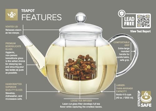 Stovetop & Microwave Safe Glass Teapot with Removable Loose Tea Glass Infuser
