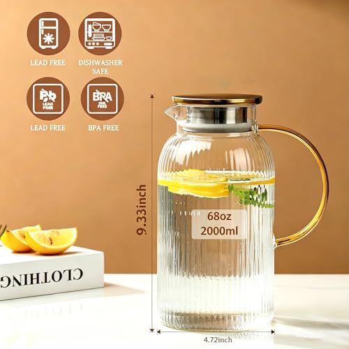 Glass Pitcher with Lid 2 Pack 68 oz Vertical Stripes Water Pitcher (2 Count)