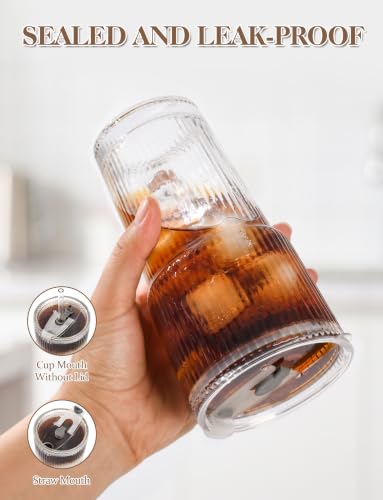 20 oz with Lids and Straws Ribbed Glass Cup Set of 4 (4 Count)