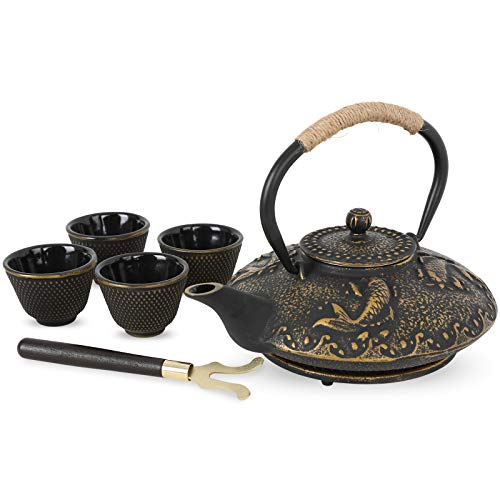 Koi Fish Cast Iron Teapot Set Stove Top 26 oz Tea Kettle with 4 Cups
