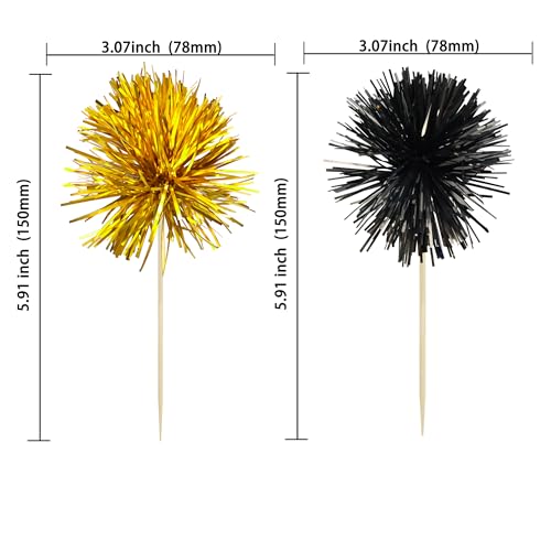 30Pcs Foil Firework Cupcake Toppers Sparkle Tinsel Cupcake Picks Happy Birthday Cake Decorations Drink Stirrers Cocktail Food Toothpicks for Baby Shower Graduation Party Supplies Black Gold (30 Count)