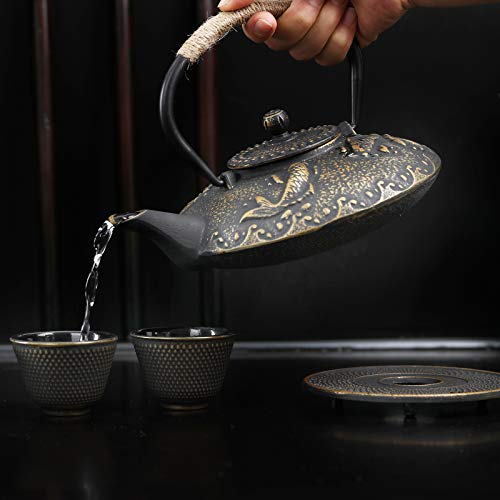 Koi Fish Cast Iron Teapot Set Stove Top 26 oz Tea Kettle with 4 Cups