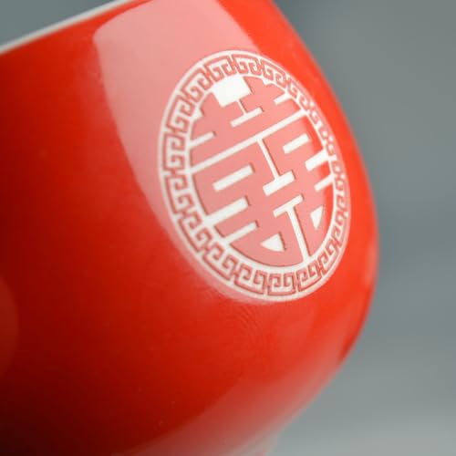 Chinese Wedding Tea cup 5oz Porcelain Teacup Red Cups Round Glaze Carving Double Xi for Tea Ceremony Wedding Party Home Decor (2 Count)