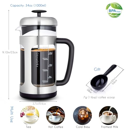 Stainless Steel French Press 34 oz Coffee Tea Maker with Soft Grip Handle