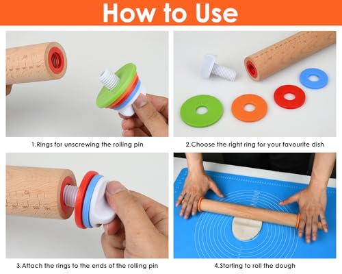 Rolling Pin with 4 Adjustable Thickness Rings and Long Handle 13.6 Inch Wooden Dough Roller for Baking