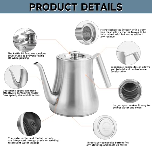 68OZ 2000ML Stainless Steel Teapot with Removable Infuser