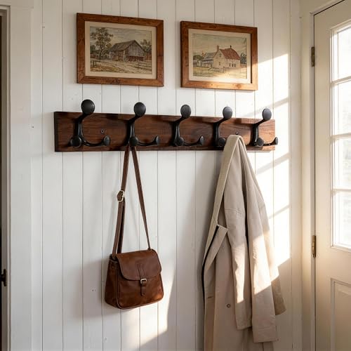 24 Inch Walnut Wood Coat Rack Wall Mount with 5 Triple Hooks