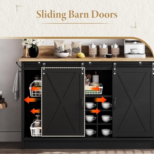 47" Coffee Bar Cabinet with Storage Hutch & Wine Rack