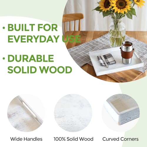 Rustic White Wood Serving Tray with Handles 17 Inch Wooden Tray for Ottoman