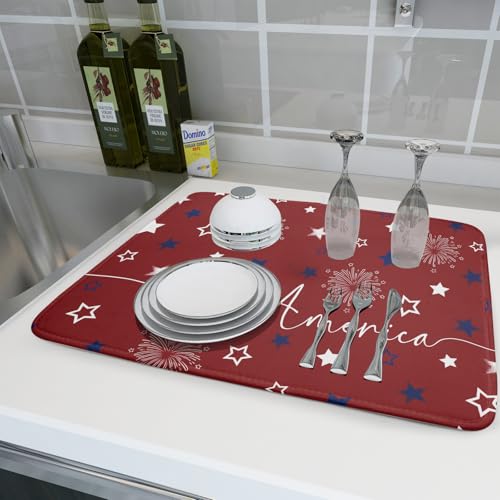 4th of July Dish Drying Mat 18"x24" Patriotic Usa Stars America Firework Dish Drainer Mats Independece Day Absorbent Microfiber Dish Drying Pad for Kitchen Countertop Large Decor