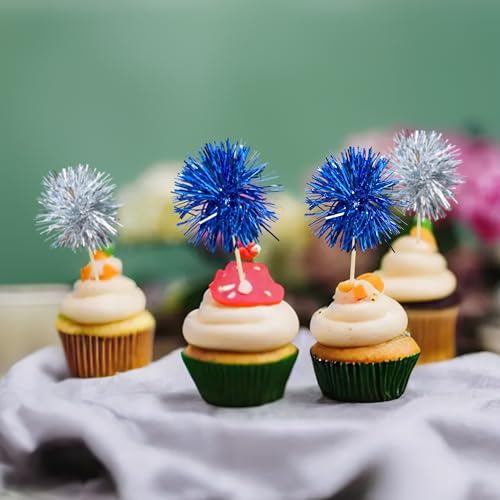 30Pcs Foil Firework Cupcake Toppers Sparkle Tinsel Cake Toppers Tinsel Drink Cake Decoration Cocktail Picks for Birthday Wedding Graduation Party Supplies Silver Dark Blue (30 Count)