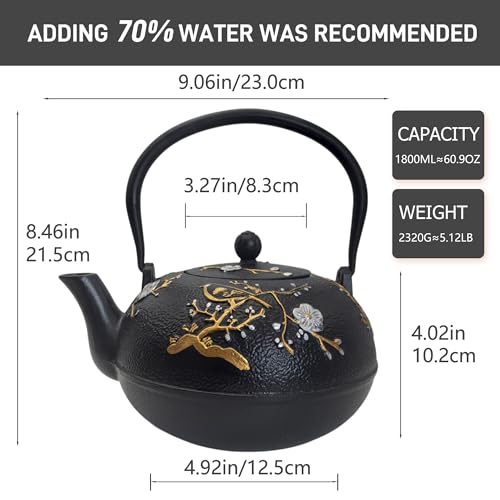 Cast Iron Teapot SECHUDO Teapot for Stovetop Safe Coated with Enameled Interior