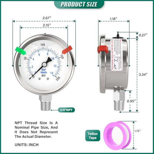 0 200PSI Stainless Steel Liquid Filled Pressure Gauge