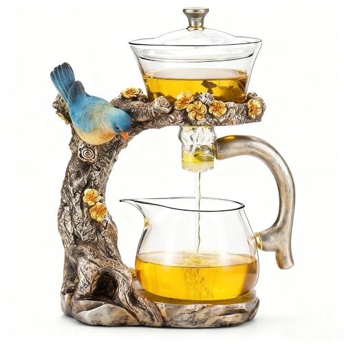 Lazy Kungfu Glass Tea Set Heat Resistant Semi Automatic Drip Rotating with Infuser Magnetic Teapot Set for Gongfu Tea Making Ideal