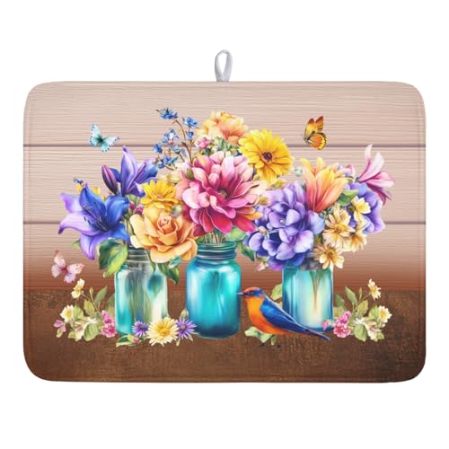 Spring Colorful Flowers Dish Drying Mat for Kitchen Counter