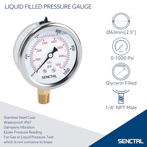 0 1000 Psi Liquid Filled Pressure Gauge