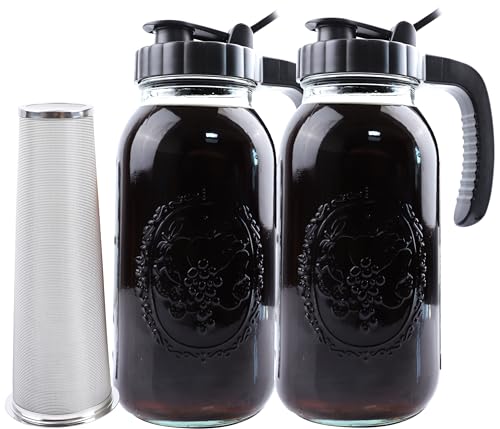 Cold Brew Coffee Maker Half Gallon 2 Set Glass Mason Jar Pitcher With Spout Lid Filter 2 Quart Wide Mouth Iced Tea Brewing Jug Heavy Duty Handle Airtight & Leak (2 Count)
